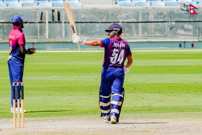 Bhim Sharki’s maiden fifty guides Nepal to 229